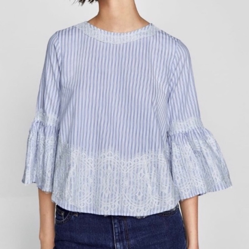 Zara lace trim striped bell sleeve open back blouse size medium